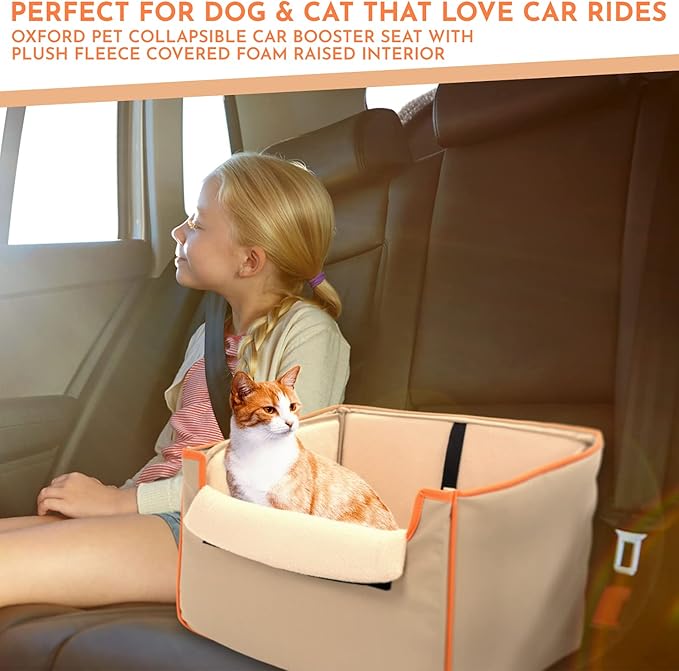 Collapsible Pet Booster Car Seat Box with Plush Fleece Cover, Cushion Insert and Foam Padded Panel - Foldable Carseat for Small Pet Dogs and Puppies Under 20 lbs, Grey