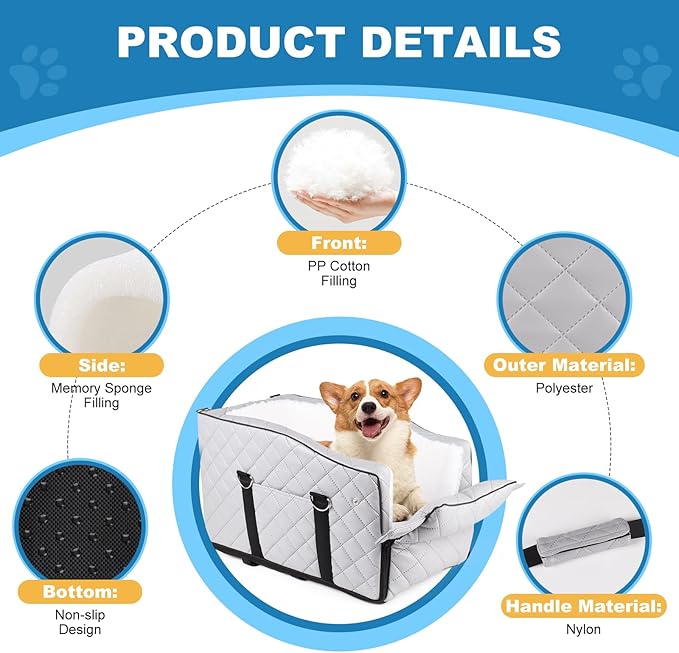 PU Center Console Dog Car Seat for Small Dogs Up to 12lbs, Portable Dogs Armrest Booster Seat with Adjustable Straps & Storage Pocket (Grey PU)