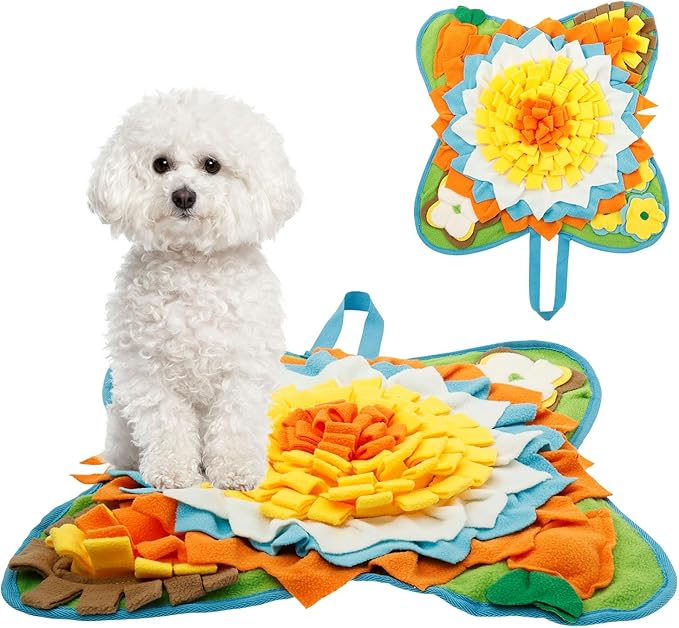 Snuffle Mat for Dogs Cats Rabbits, Plush Fabric Flower Shape Slow Eating Mat with Anti-Slip Bottom, 23.62 x 23.62 inch for Small & Medium, Rabbit Foraging Mats, Relieve Anxiety