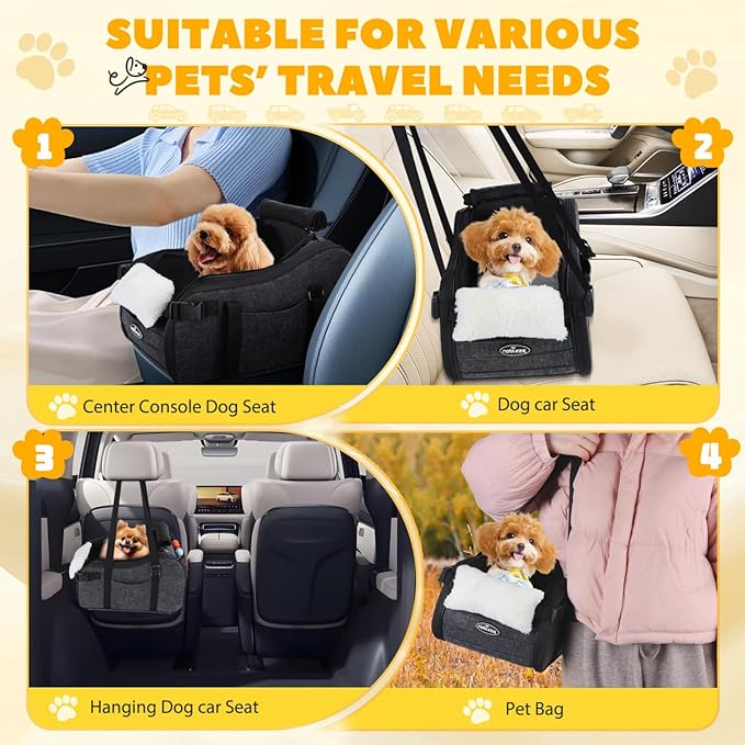 Nobleza Dog Car Seat for Center Console, Detachable Console Pet Seat for Small Puppy Cat Kitten with Safety Protective Hooks, Adjustable Straps Storage Pocket & Safety Leash for Outdoor Travel