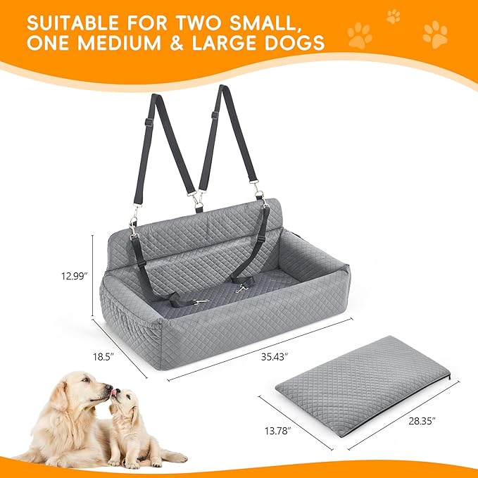 Dog Car Seat for Large Medium Dog,Washable Dog Booster Seat for Medium Large Dogs,Multi-Functional Dog Booster Seat with Thick Cushion, Safety Leashes Dog Sofa Cushion & Travel Dog Bed (Grey, 90cm)