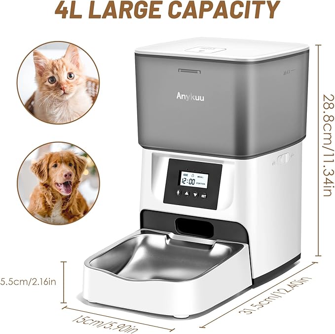 4L Automatic Cat Feeder Dog Food Dispenser with Timer and Voice Recording 10s and 1-6 Meals a Day/1-20 Servings Per Meal for Small and Medium Pets