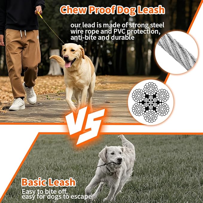 Heavy Duty Dog Leash, Chew Proof Metal Leash for Large Dogs (Up to 250lbs), WireRope Dog Leashes with Soft Silicone Grip (Orange, 5 FT)