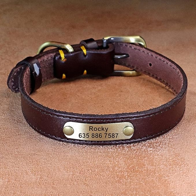 Personalized Leather Dog Collar Custom Dog Collars Leather Gold Buckle Pet ID Collar for Small Medium Large Dogs Dobermann Dark Brown XS