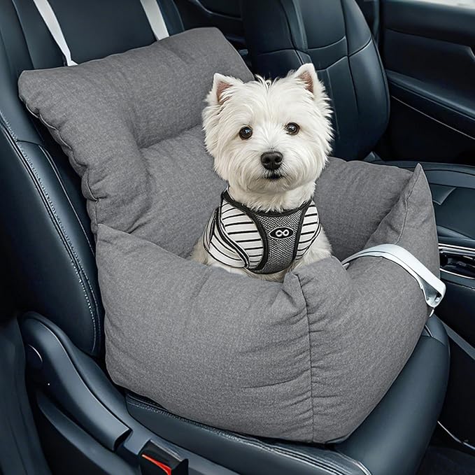 Dog Booster Car Seat Bed for Small Dogs Up to 18 LB, Portable Elevated Puppy Travel Car Seat with Tether & Reversible Cushion for Front and Back Use, Grey