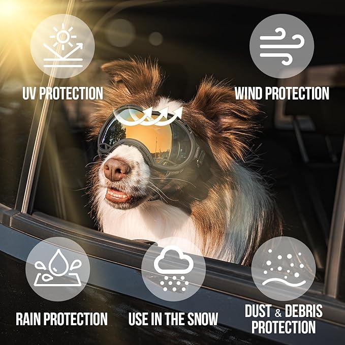 OneTigris Dog Goggles, Dog Sunglasses for Large Dogs with Adjustable Strap UV Protection, Windproof, Suitable for Medium Large Breed, Dogs Eyes Protection