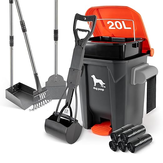 Dog Pooper Scooper, 7Pcs Set Poop Trash Can with Removable Inner Bucket, Long Handle Tray & Rake, 60 Waste Bags, Dog Waste Large Bin Waterproof for Outdoor, Backyard, Garden