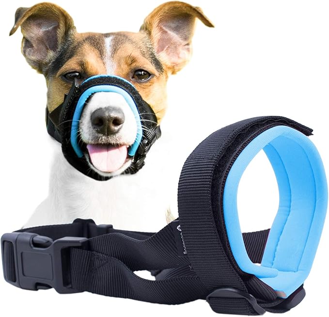 Gentle Muzzle Guard for Dogs - Prevents Biting and Unwanted Chewing Safely – New Secure Comfort Fit - Soft Neoprene Padding – No More Chafing – Training Guide Helps Build Bonds with Pet (L, Blue)