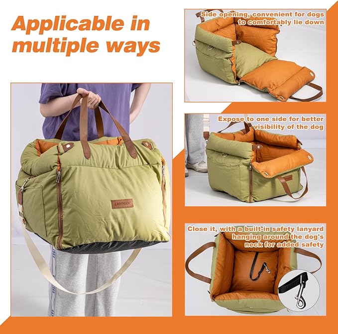 Dog Car Seat for Small & Medium Dogs - 3 in 1 Waterproof Soft Leather Dog Bed for Car with Harness Clip, Travel Bed & Carrier Bag for Pets, Fits Pets Up to 35 lbs (Green, Small & Medium)