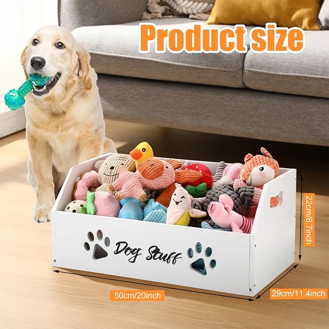 Leinuosen Large Dog Toy Bin Basket, 20 Inch Large Stuff Toy Storage Basket Bin with Bone Handle Cutout Pattern Pine Container for Organizing and Storage Dog Leash Chew Toys(White, Undivided)