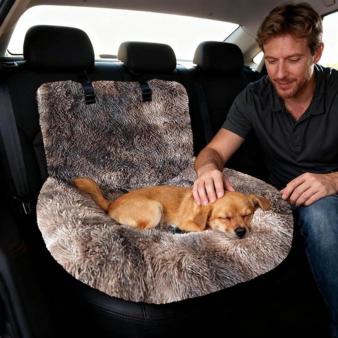 Dog Car Seat Bed, Fluffy Pet Travel Seat, Removable Washable Cushion, Non-Slip Bottom, Protects Car from Dirt/Scratches, Suitable for Small, Medium Dogs/Cats & All Vehicles (Brown)