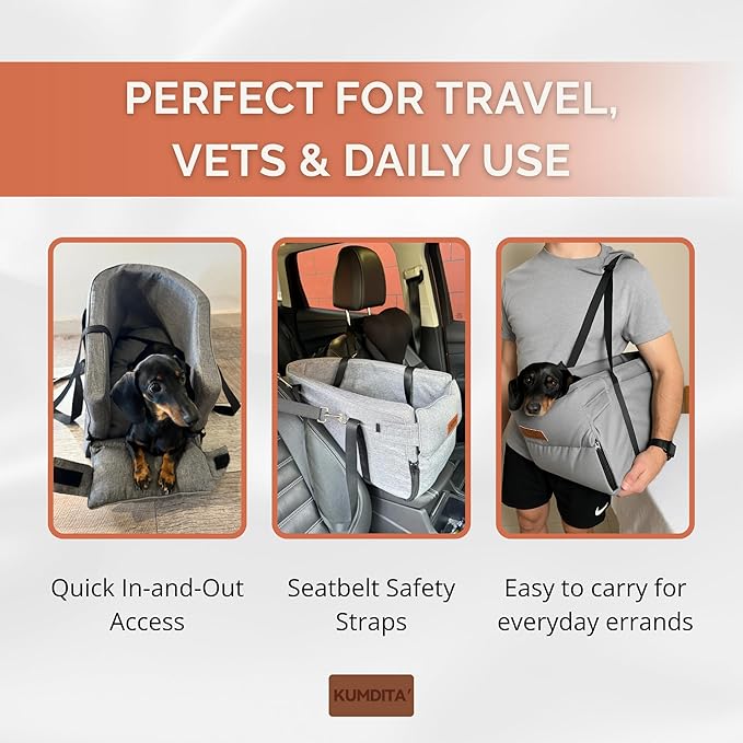 Kumdita' Center Console Car Seat & Carrier for Small Dogs & Cats with Dual Over-Seat Straps, Sewn-in Safety Leash & PE Board Base (Grey)