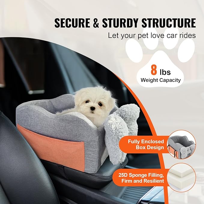 Pet Car Seat for Small Dogs, Oxford Fabric Console Booster with Safety Leash, Dark Gray, Fits Pets up to 8lbs, 17.72x10.63x9.06 Inches