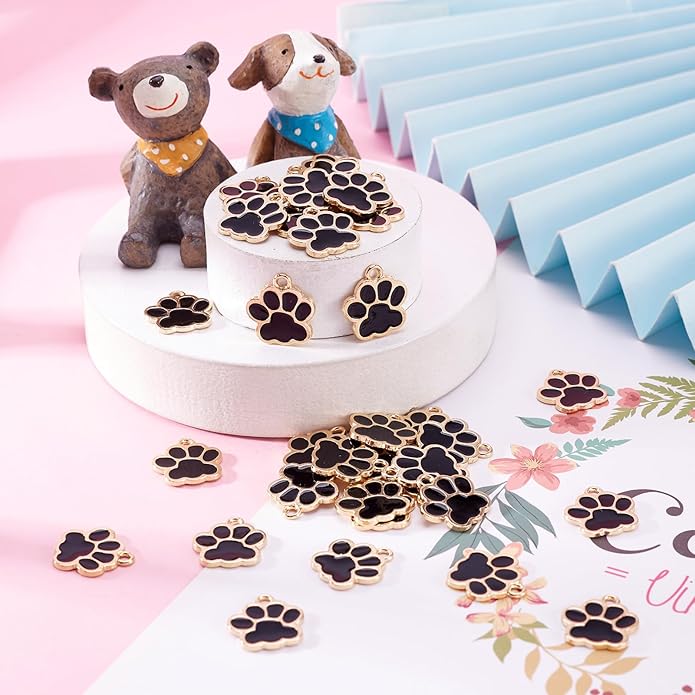 Crafans 100Pcs Enamel Paw Prints Dog Collar Charms Alloy Animal Cat Necklace Charms Puppy Footprint Dog Pendants for Crafts DIY Jewelry Making Supplies 17.5x16mm Black