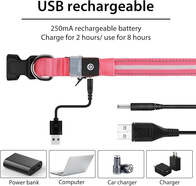 MASBRILL Rechargeable LED Dog Collar - Water-Resistant, Light Up, Flashing, Glowing for Night Safety - Adjustable Illuminated (S, Pink)