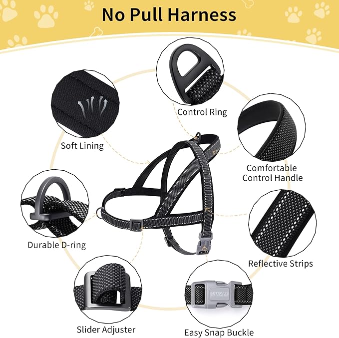 No Pull Dog Harness, Reflective Puppy Harness with Soft Padded Handle, Escape Proof/Quick Fit Adjustable Pet Harness for Small Medium Large Dogs, Easy for Training Walking (Black, XL)