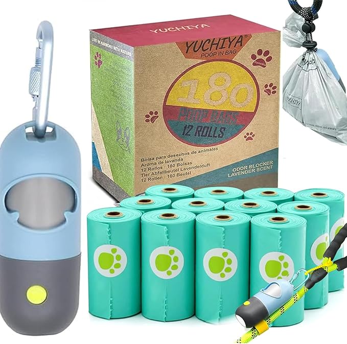 Dog Waste Bags Holder with LED Flashlight Doggie Poop Bags Dispenser with 13 Rolls Leak-Proof Pet Trash Bags Rechargable USB Cable(Sky Blue)