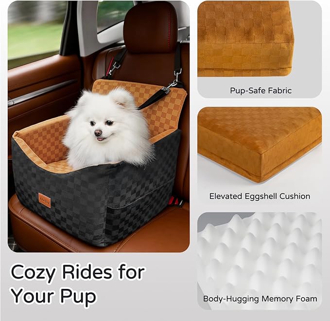 VibeBay Dog Booster Seat for Small Dogs up to 25 lbs,Memory Foam - Elevated Car Bed with Safety Leash & Storage Pocket, Fully Detachable & Machine Washable for Easy Travel