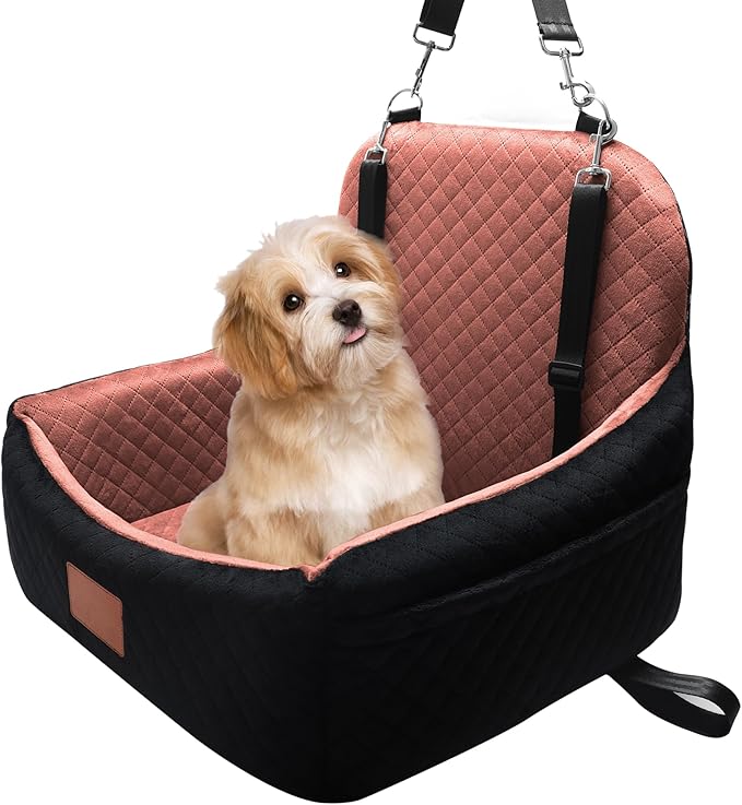 Dog Car Seat for Small/Medium-Sized Under 30 Pounds, Pet Car Seat Travel Bed with 2 Seat Belts and Headrest Seat Belts, Detachable Washable Covers and Side Storage Bags(Black/Brown)