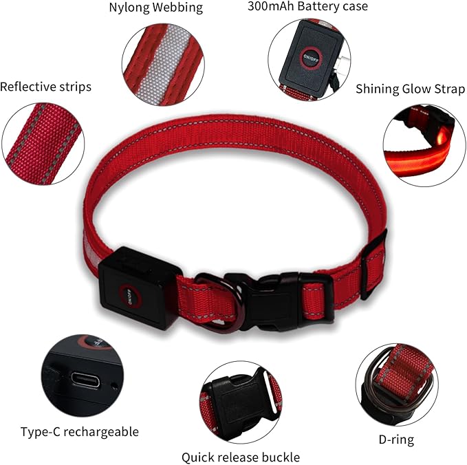 LED Dog Collar Light Up with 2025 Bright Beads & 300mAh Battery, Type-C Rechargeable Waterproof Dog Collar, 3 Flash Mode 15H for Night Safety, Adjustable Nylon Glow Collar for Small Medium Large Dogs