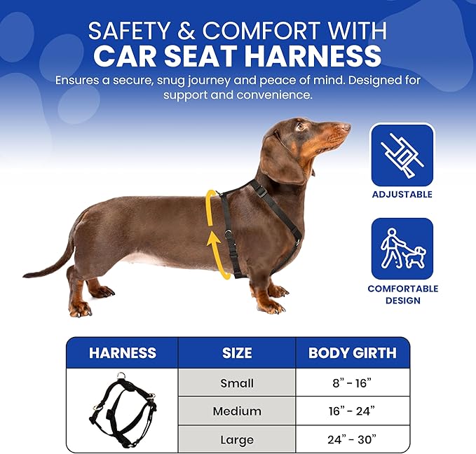 FidoRido Dog Car Seat - Pet Booster Seat for Small to Large Dogs with Comfortable Cushions, Sherpa Cover, and Safety Straps, Easy to Install, Ideal for Travel, Black with Tan Bones - Small Harness