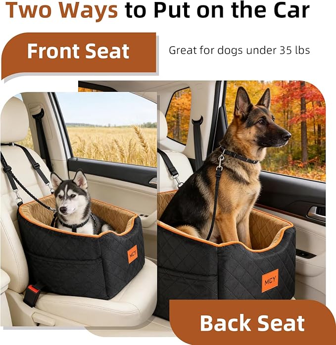 MCY Dog Car Seat for Small Dogs, Elevated Pet Car Seat, Travel Safety Pet Seat for Dogs up to 35 lbs, Memory Foam Booster Dog Seat with Washable Removable Cover, Storage Pockets, Black (Black-Brown)
