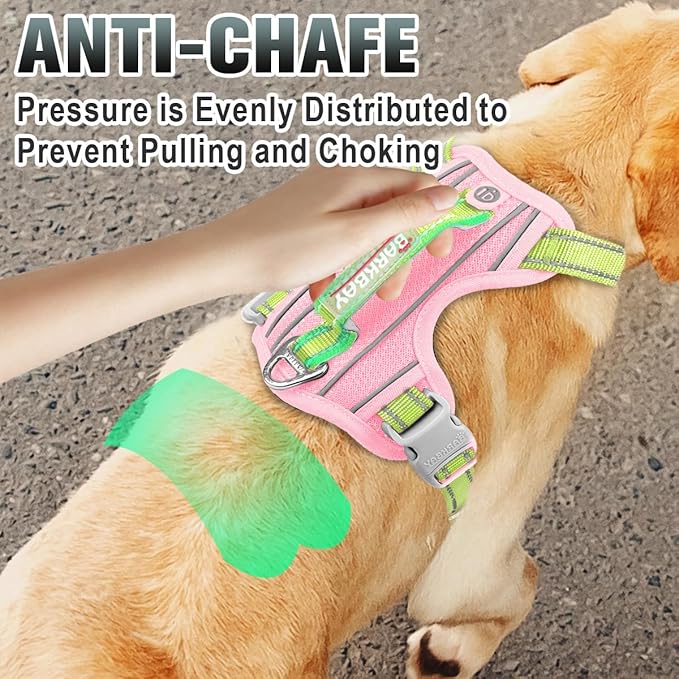 BARKBAY No Pull Dog Harness Large Reflective Dog Harness with Front Clip and Easy Control Handle for Walking Training Running with ID tag Pocket(Baby Pink & Sunlight,L)