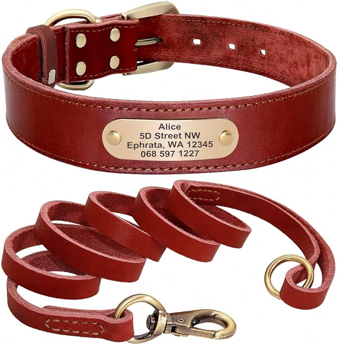 Real Leather Dog Collar Leash Set Personalized Genuine Leather Dog Pet Collars Leashes Custom for Small Medium Large Dog Pitbull red Collar Leash S