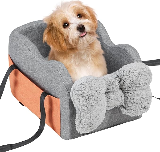 Happybuy Console Dog Car Seat, Center Console Dog Booster Seat for Small Dog, Pet Car Seat for Car Armrest with Clip-On Leash, Adjustable Straps, Supports up to 8lbs, Dark Gray