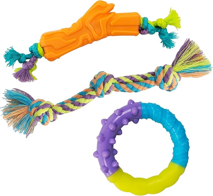 Pupstages Orka Puppy 3 Pack Dental Chew Toys, Multi-Textured, Tug Rope & Fetch, Teething Puppies & Small Dogs, 10.5"