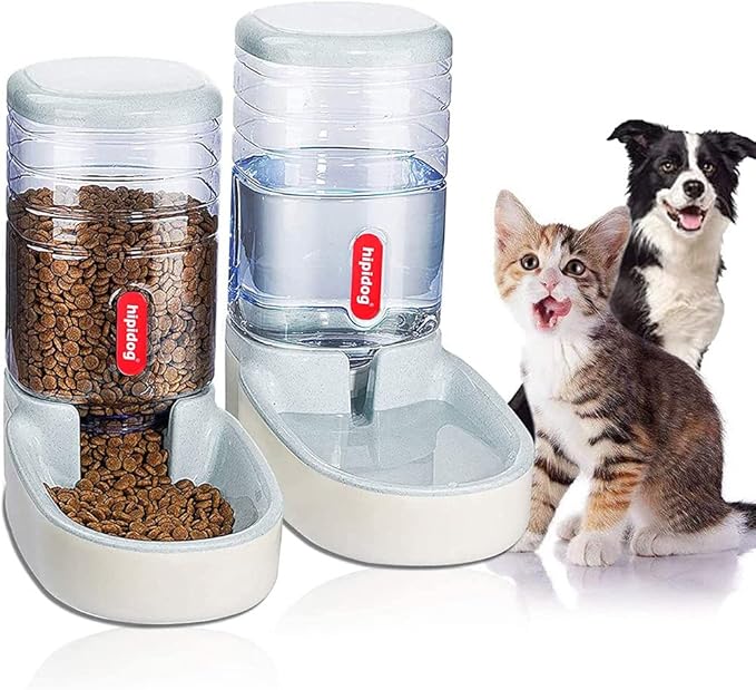 2 X 3.8 L Pet Automatic Feeding Bowls Dog Food Feeder Cat Water Feeder Large Capacity Food Water Dispenser Large Capacity Pet Bowls,Grey