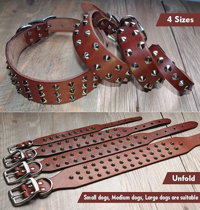 Pug Dog Collar Leather Adjustable Spikes Pet Collar for Small Medium Large Dogs Black Brown Bull Dog coleira