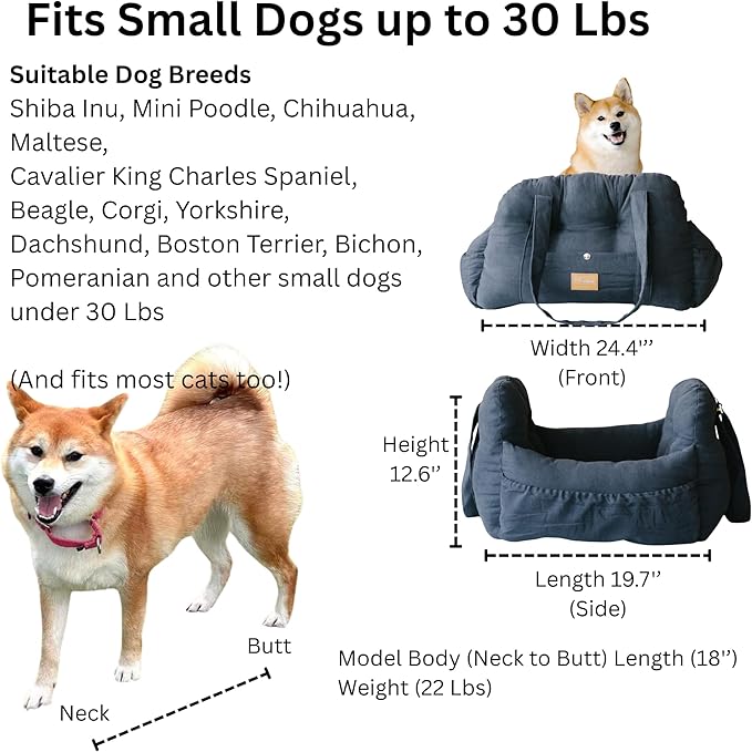 Dog Car Booster Seat for Small Dogs, Handmade Comfortable and Robust Design, Small Dog Owner Gift, Travel Bed with Safety Seatbelt, Secure Straps, Perfect for Dogs Under 30 Lbs