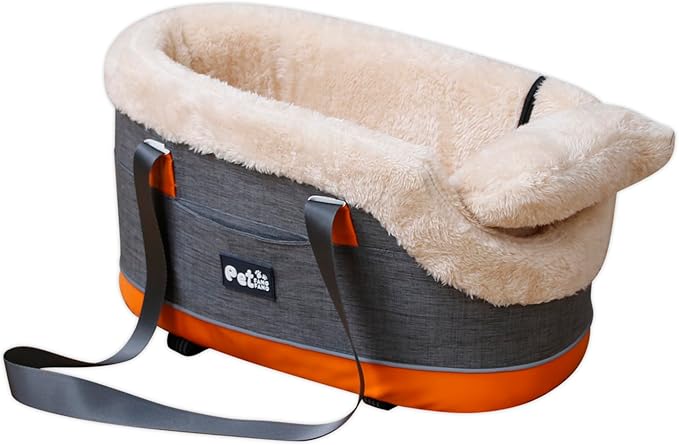 Pet Car Center Console Elevated Armrest Car Seat for Small Puppy, Dogs & Cats (Up to 10 lbs) – Dark Gray Washable Plush Carrier with Safety Leash, Fits Front Vehicle Console Space
