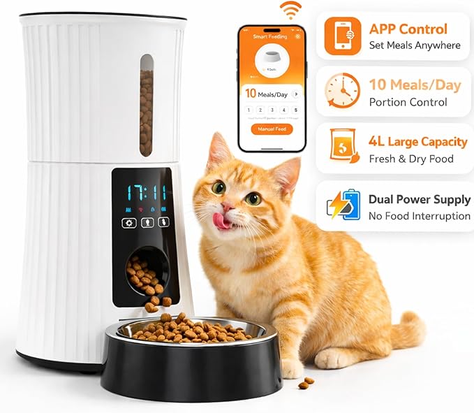 Simple Deluxe Automatic Cat Feeder, Wi-Fi - 4L Dry Food Dispenser for Cat and Dog with APP Control | 10 Meals | 10s Voice Recorder | Programmable 50 Portions | Dual Power Supply | Desiccant Bag, White