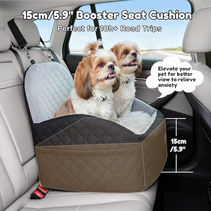 Gimars Reversible Dog Car Seat with Long & Short Plush Seat Cushion for Small/Medium Dogs Up to 40lbs, Detachable Washable Anti-Slip Dog Booster Seat with 5.9'' 28D Egg-Crate Foam, Safety Belt, S