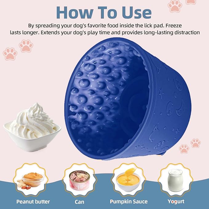 Dog Slow Feeder Lick Bowl, Non-Slip Dog Licking Treat Dispenser, Slow Feeder Bowls for Small Medium Large Breed Dogs, Anxiety Relief & Anti-Choking, BPA Free Silicone (Dark Blue, 1.6 Cup)