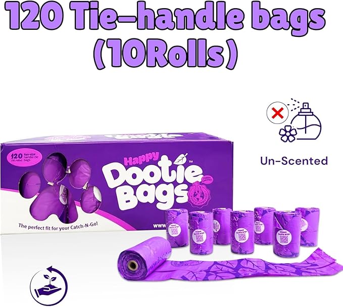 Happy Dootie Bags 10 Rolls.120 Bags with Handles. Clean, Quick and Convenient Pet Dog Poop Cleanup on Walks with Your Furry Friend. Made with Corn Starch. Strong and Leakproof. (Medium Size)