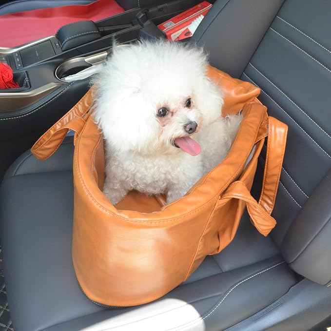 Portable Small Dog Seat for Car, Luxury Leather Center Console Dog Car Seat Booster with Safety Tethers, Anti-Collapse Pet Travel Carseat for SUV, Truck