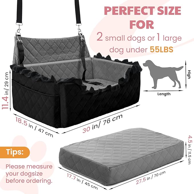 Dog Car Seat for Large/Medium Dogs, Dog Booster Seat for Under 55lbs or 2 Small Dogs, Non-Slip Removable and Washable Pet Car Seat,2 Safety Leashes, Travel Pet Bed, Black Flower
