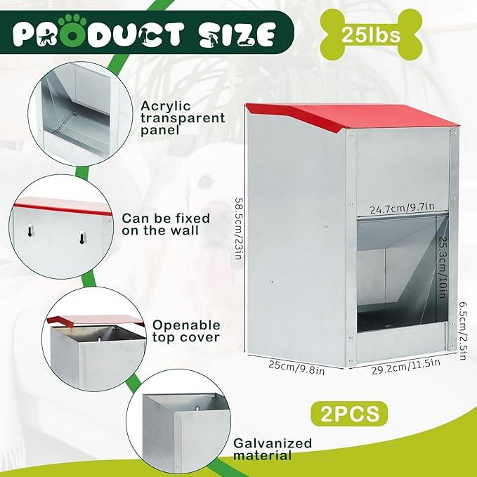 Automatic Dog Feeder and Water Dispenser Set, 25 Lbs Galvanized Gravity Outdoor Cat Food Feeder Large Capacity 3.5 L Indoor Animal Pet Water Drinking Dispenser Station