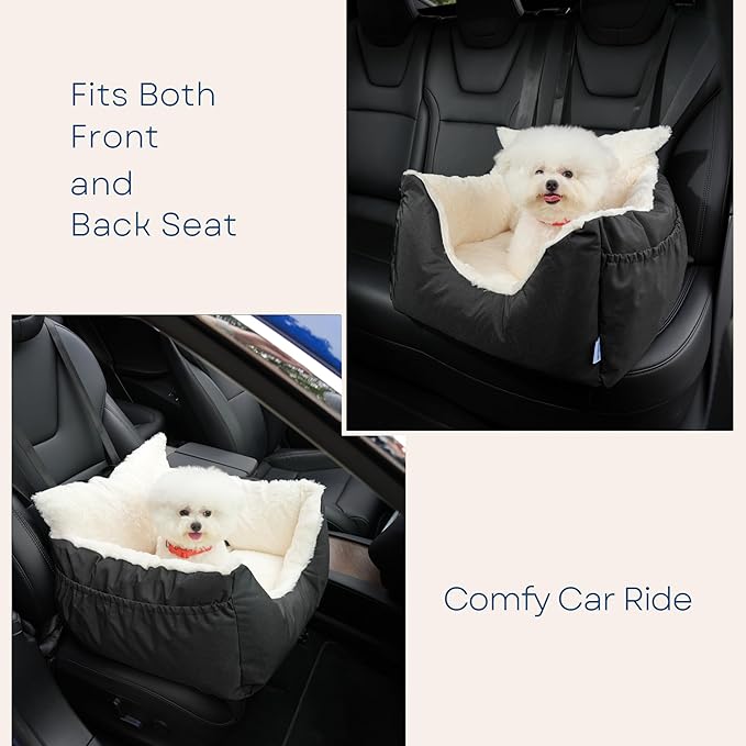 Milk and Soda Small Dog Car Seat Bed for Small Dogs Under 20 LBS with 2-Sided Pillow, Side Pockets, Built-in Leash, Machine Washable Cover (Black, Small)