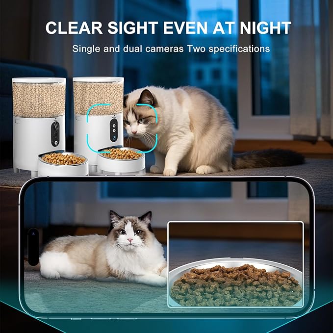 Two Pore Automatic Cat&Dog Feeder with Camera 2K HD Video with Night Vision 5G WiFi Pet Feeder with 2-Way Audio Low Food & Blockage Sensor Motion & Sound Alerts for Cat & Dog Single Tray White