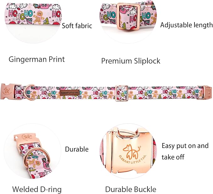 Elegant little tail Christmas Dog Collar, Pink Gingerbread Man Print Pet Collar Dog Durable Cute Dog Collars Winter Holiday Male or Female Pet Gift Adjustable Dog Collar for Medium Dogs