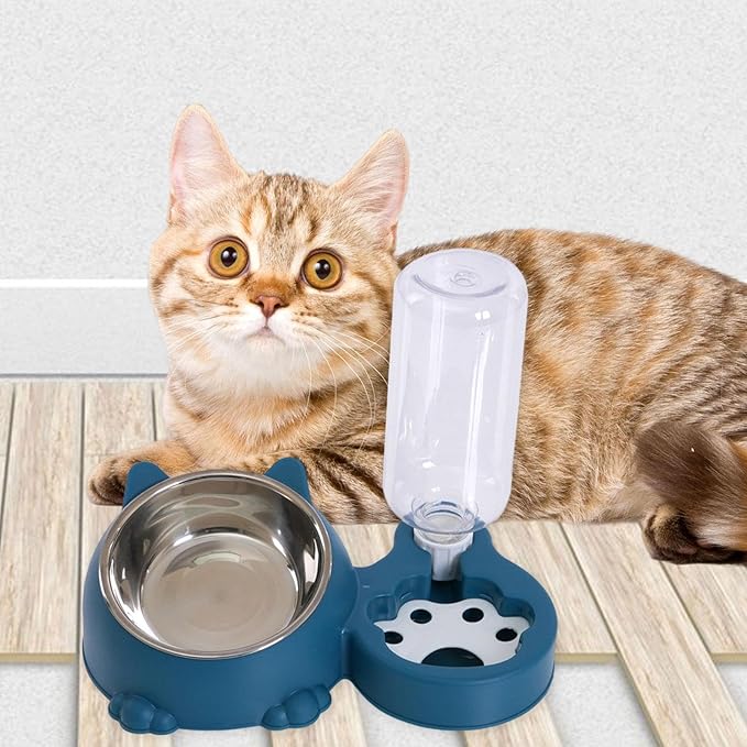 Dog Bowl with Automatic Water Bottle Practical Pets Water and Food Bowl Set for Small Medium Dogs Puppy- Blue