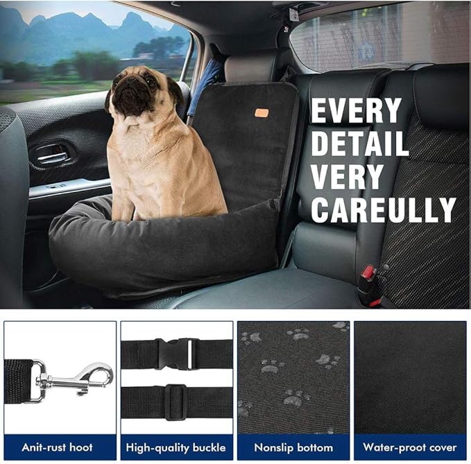 Dog Car Seat Pet Puppy Booster Seat Dog Travel Car Carrier Bed with Clip-On Safety Leash, Non-Slip Dog Safety Car Seat for Small and Medium Pets, Compatible with All Cars/Suvs