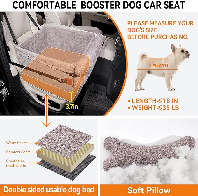 Dog Car Seat for Small Dogs,PU Leather Pet Car Seat Boosters,Puppy Cat Carseats with Washable Removable Cover(Grey, Medium)