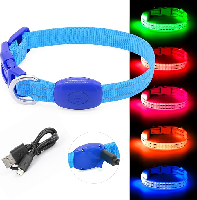 BSEEN Light Up Dog Collar - Reflective LED Dog Collar Rechargeable Glowing Cat Collars Adjustable Puppy Collar Safety Dog Lights for Night Walking (Blue, XS)
