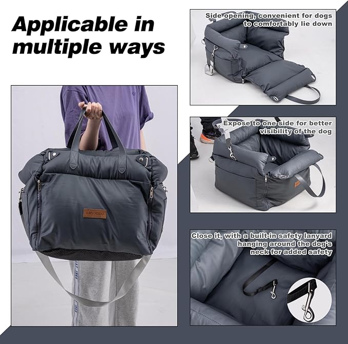 Dog Car Seat for Small & Medium Dogs, 3 in 1 Waterproof Soft Leather Dog Car Bed with Harness Clip, Travel Bed & Carrier Bag for Pets, Fits Pets Up to 35 lbs (Navy Blue, Small & Medium)