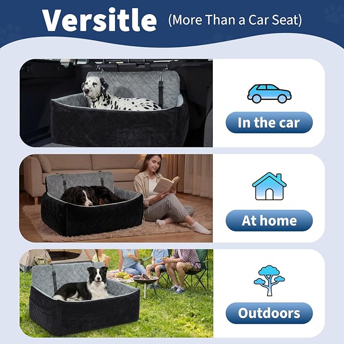 Garvee Extra Large Dog Car Booster Seat with Safety Belt, 3-Side Pet Travel Bed for 2 Medium Dogs, Waterproof & Non-Slip, Foldable Car Seat Cover for Truck SUV Sedan